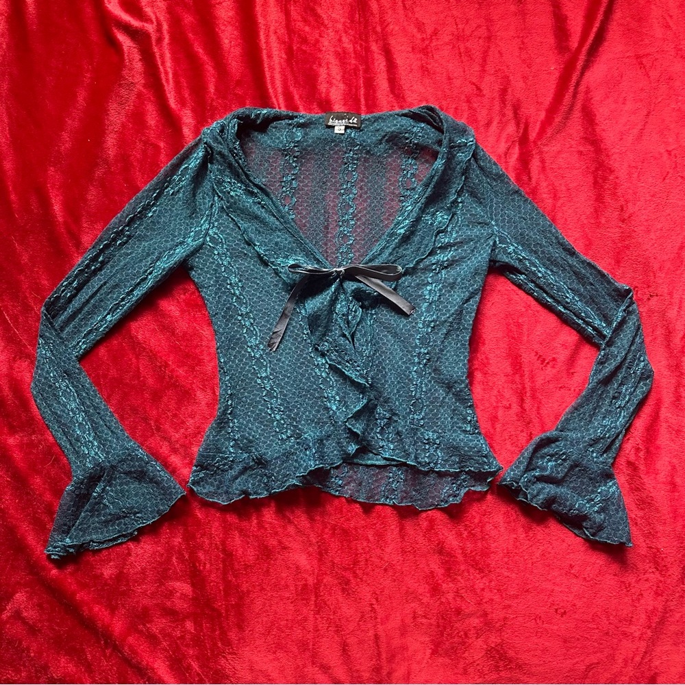 90s Vintage Blue Lace and Satin Ribbon Ruffle Edge Cardigan Long Sleeve Tie Top